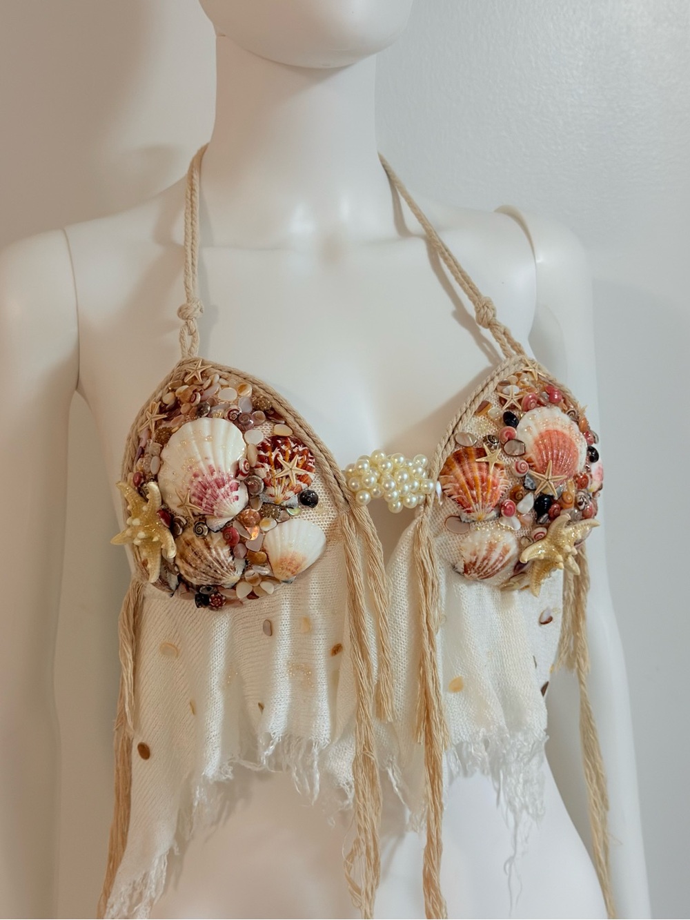 Handmade Shell Embellished Beige Bikini Top